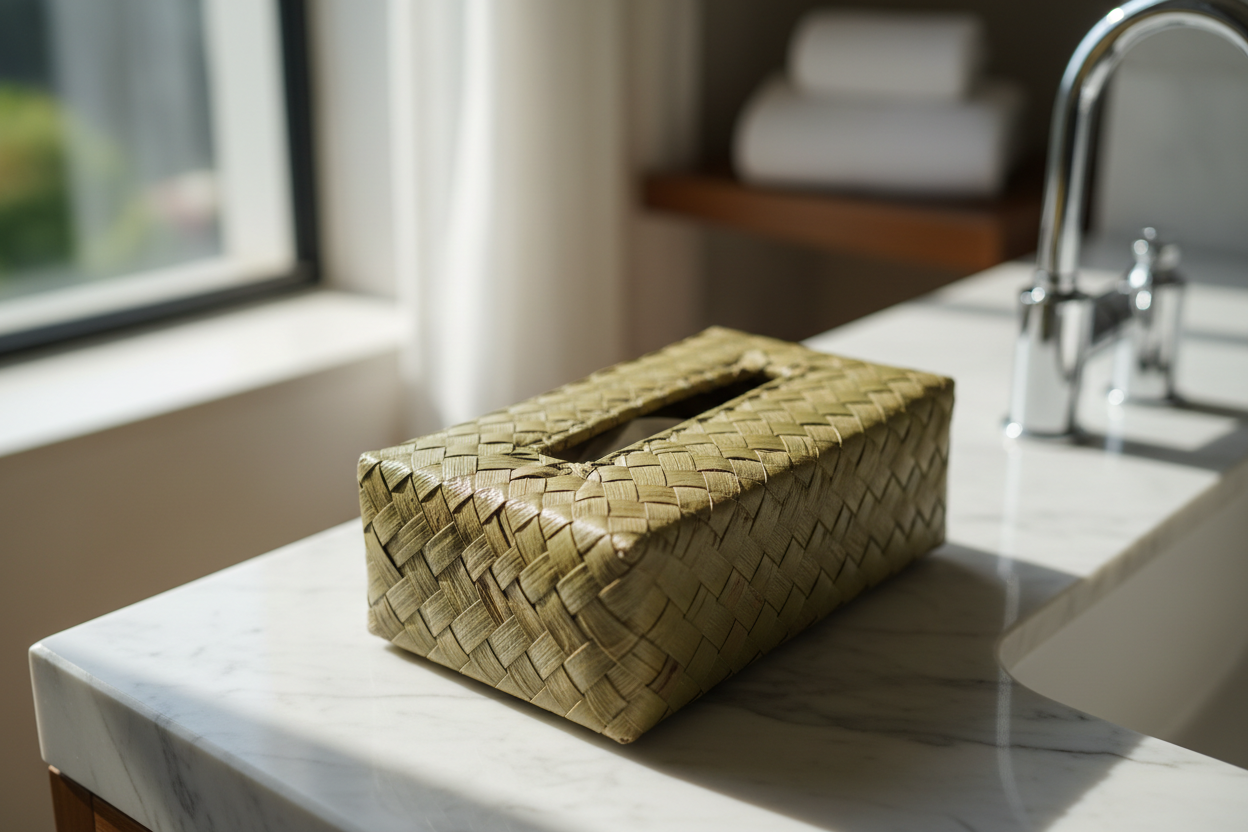 Pandan woven tissue box cover on white marble hotel bathroom vanity, soft diffused window light