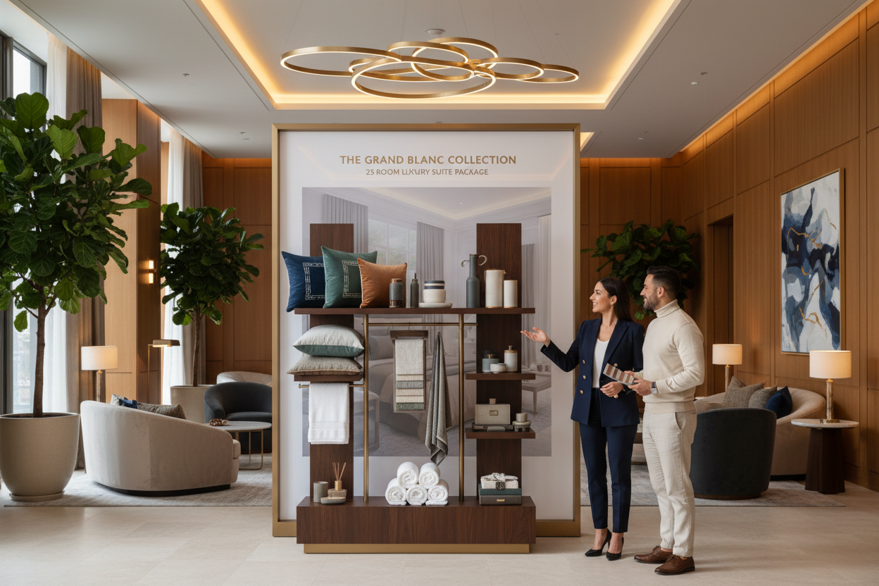 Luxury hotel lobby display of 25-room property package with property manager and design liaison reviewing color-matched collection
