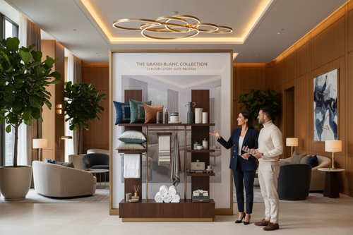 Luxury hotel lobby display of 25-room property package with property manager and design liaison reviewing color-matched collection