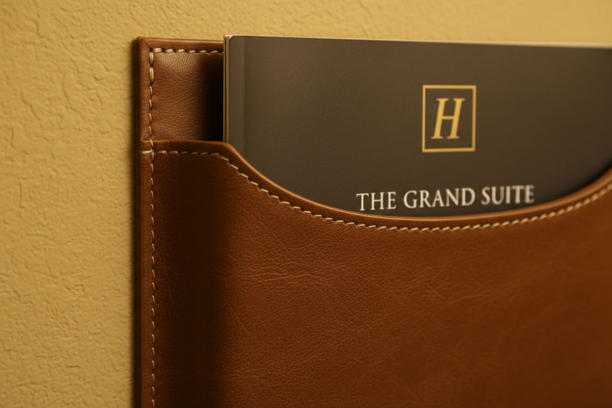 Close-up of leatherette magazine holder top pocket edge showing stitched border detail and hotel magazine inside