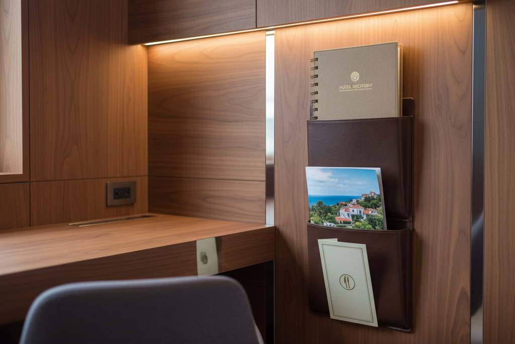 Wall-mounted leatherette magazine holder beside hotel desk with hotel directory, magazine, and menu card