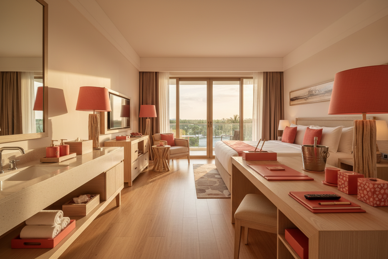 Luxury resort guestroom fully outfitted in coral and driftwood dual-tone Via Motif custom collection from vanity to desk to minibar