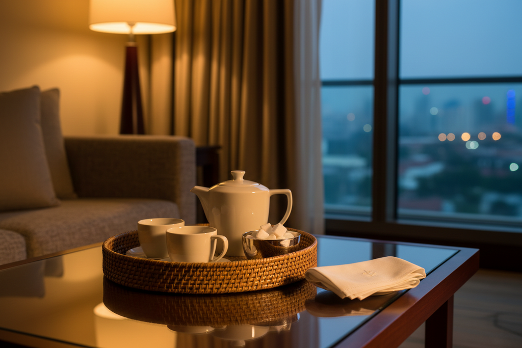 Large pandan woven tray on hotel suite coffee table with teapot, teacups, sugar cubes, and linen napkin
