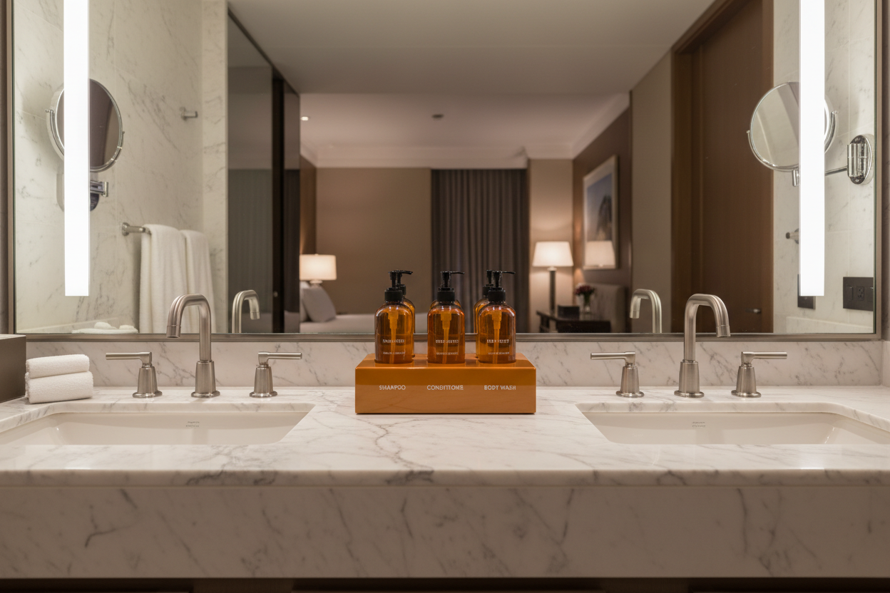 3-slot lacquer amenity holder on hotel bathroom vanity between sinks with three amenity bottles