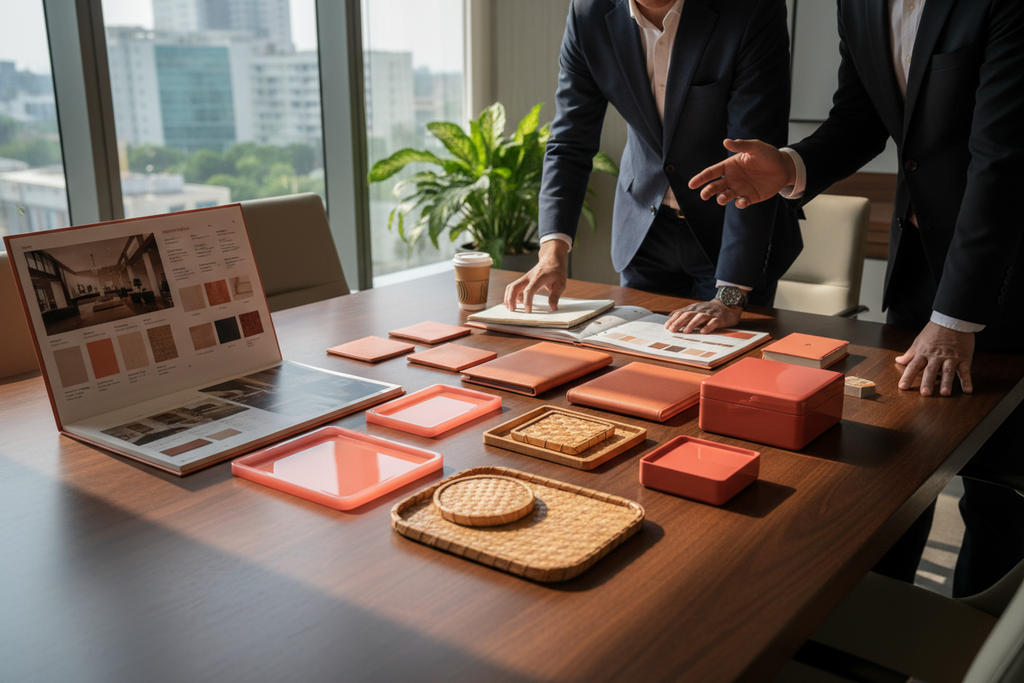 Design consultation table with resin, pandan, leatherette, and lacquer sample pieces in matching custom color program with presentation folder