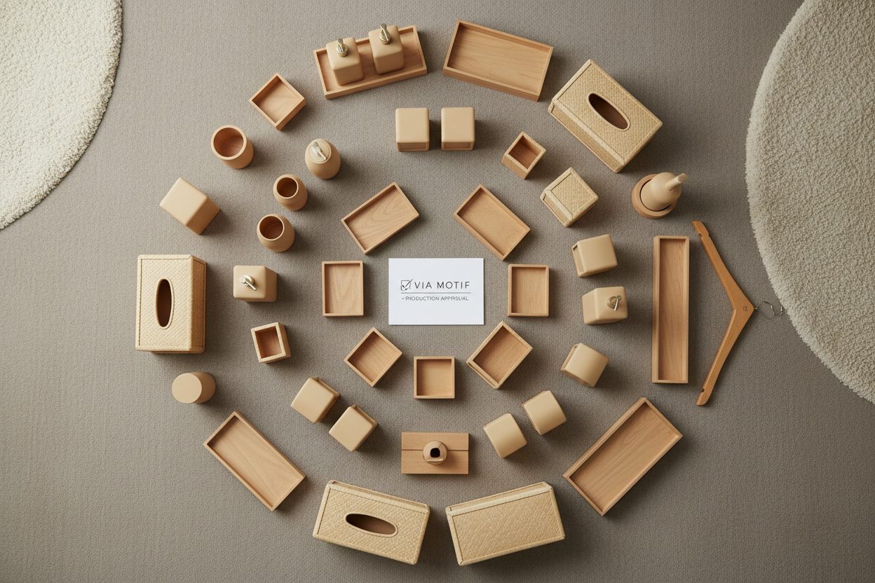 Pre-production room kit laid out on hotel room floor showing all pieces from resin, pandan, and wood collections in custom color with Via Motif approval card