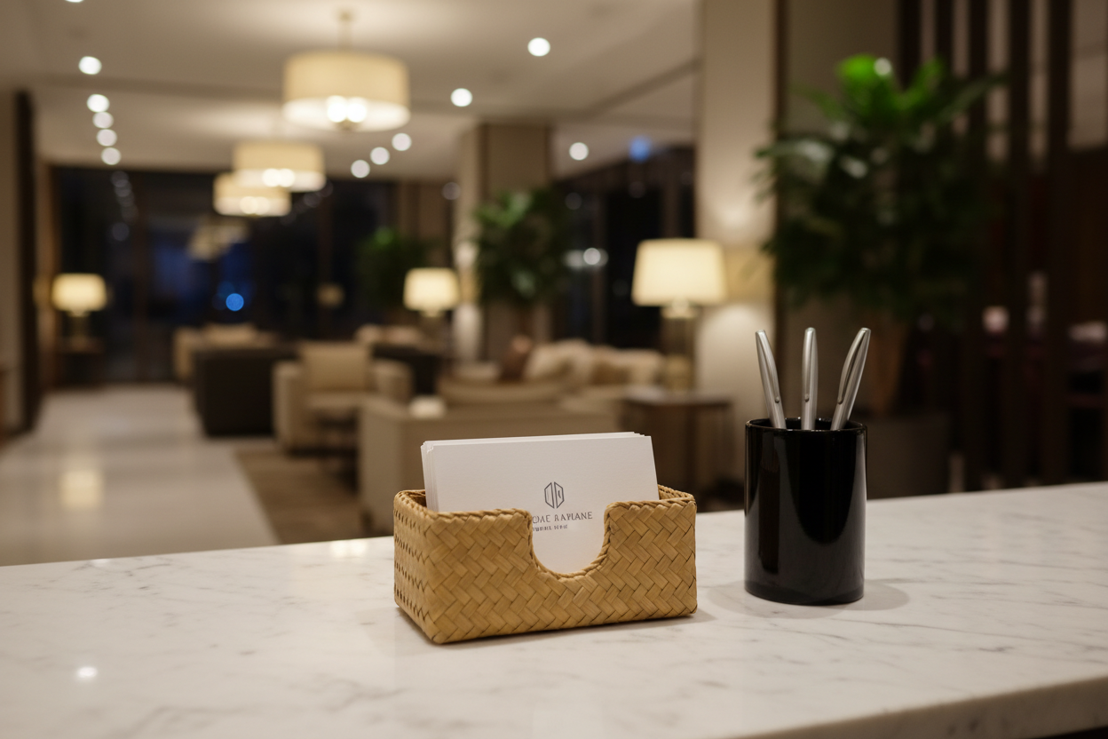 Pandan business card holder with fanned property business cards on a polished marble hotel concierge desk with lacquer pen cup