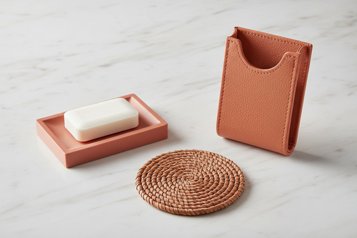 Three cross-material sample pieces — resin soap dish, pandan coaster, leatherette remote holder — all in matching custom coral tone on white marble