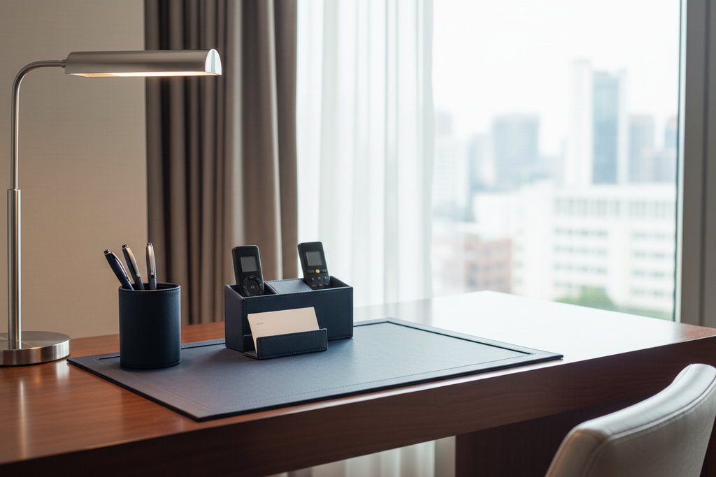 4-piece navy leatherette desk set installed on hotel guestroom desk with lamp and window light showing consistent color across all pieces