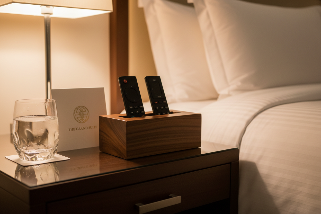 Teak remote holder with two remotes on hotel nightstand beside water glass and amenity card with bedside lamp glowing