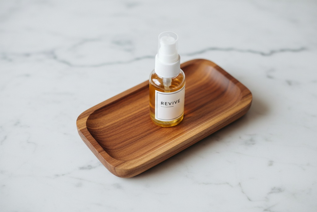 Overhead close-up of teak amenity tray with mini amenity bottle, teak grain flowing length-wise