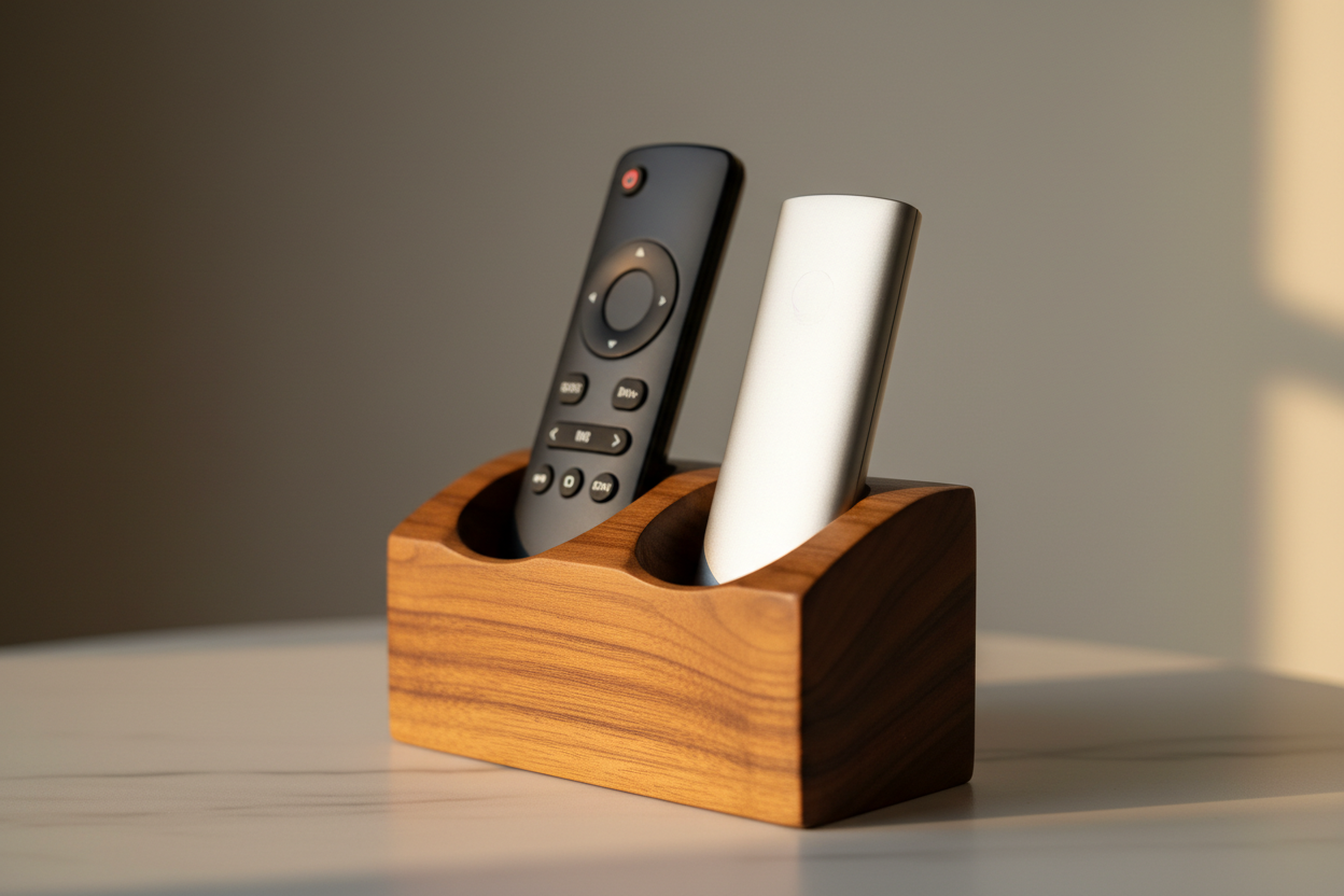 45 degree angle view of teak two-slot remote holder with two remotes inserted, teak grain catching warm side light