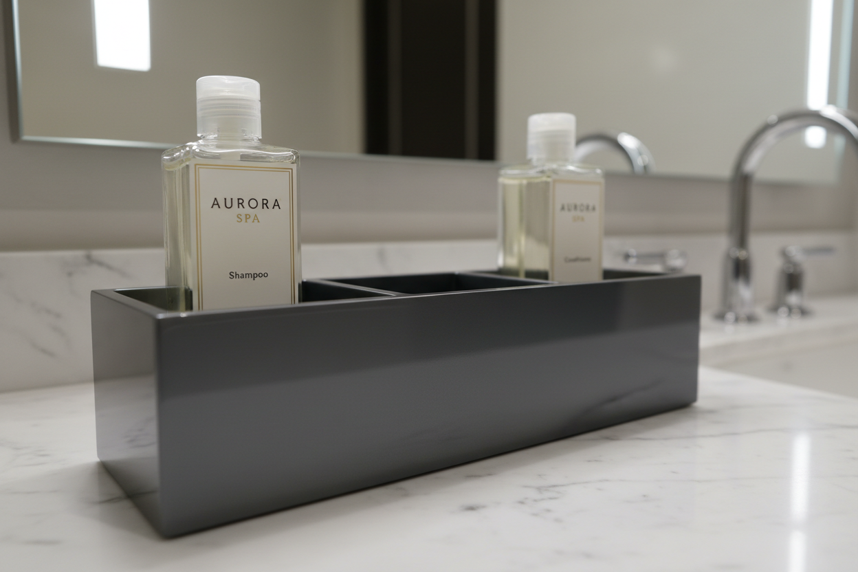 Close-up low angle of 3-slot lacquer amenity holder with two bottles upright under vanity lighting
