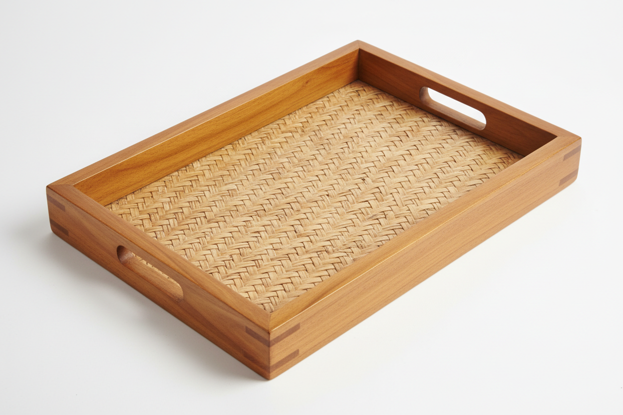 45 degree angle view of teak frame and pandan insert panel showing material contrast between smooth teak grain and woven texture