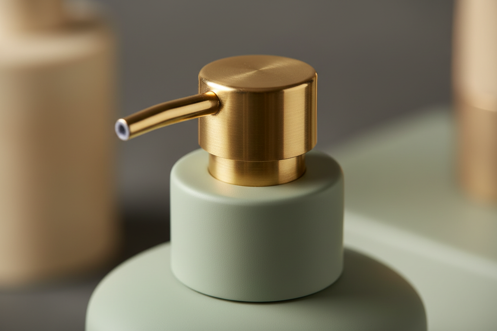Close-up detail of brushed brass pump head against matte resin body neck showing material contrast