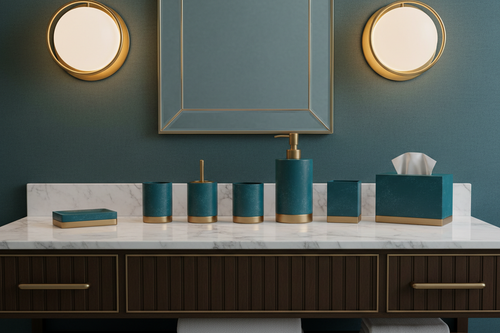 Full 6-piece deep teal resin bath set with brushed brass accents displayed on luxury bathroom vanity