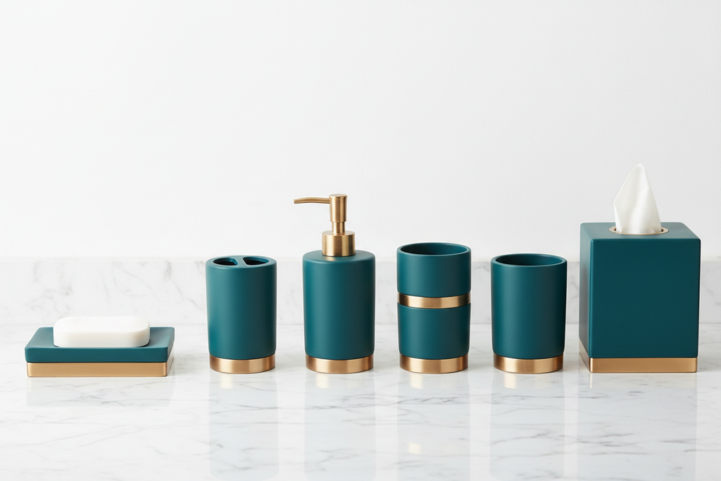 All 6 resin bath pieces arranged in ascending height order on white marble surface showing consistent deep teal color and brass accents