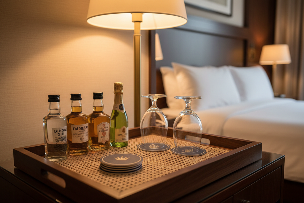 Wood frame pandan insert minibar tray with spirit bottles, glasses, and coaster stack under warm bedside lamp