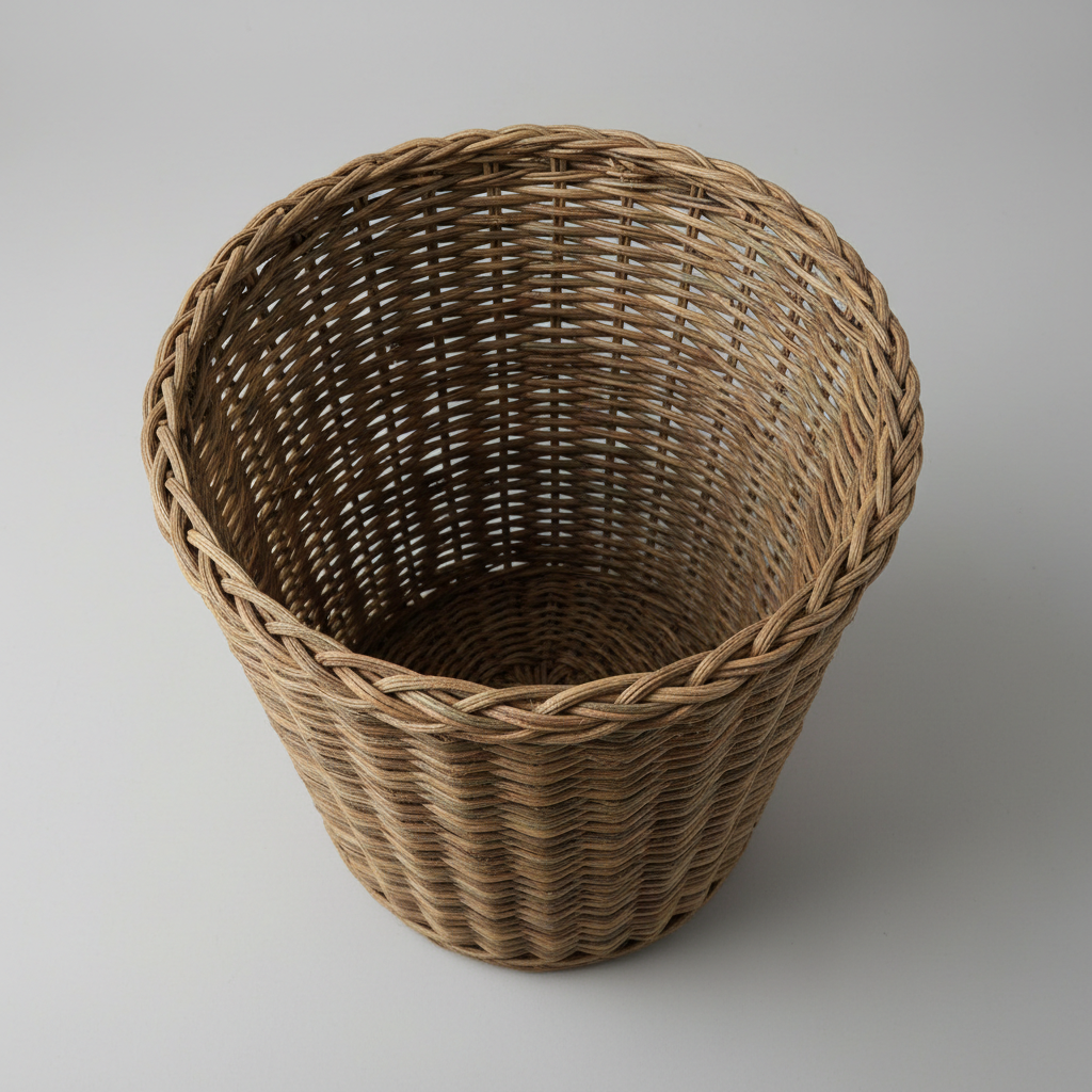 Overhead view of large pandan waste bin showing woven circular rim and tight weave pattern