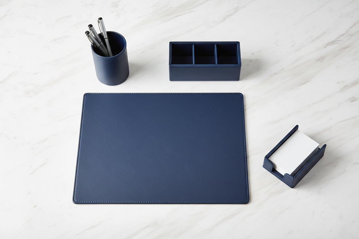 Overhead flat-lay of 4-piece navy leatherette desk set arranged in natural desk layout on white surface