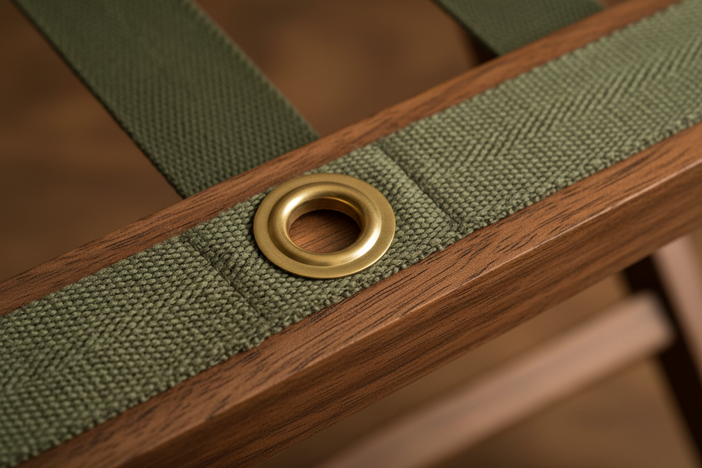 Close-up of polyweave strap brass grommet attachment to wooden luggage rack frame showing strap weave pattern and wood grain