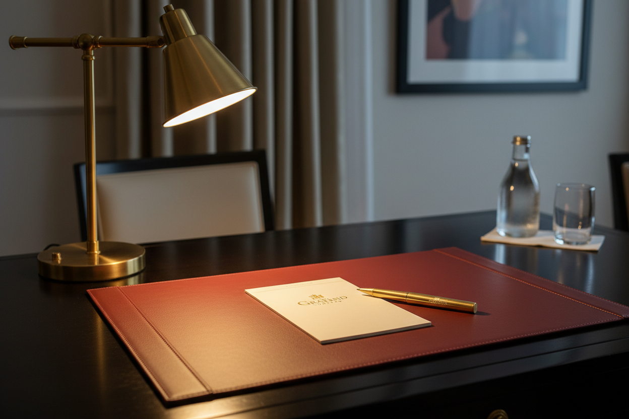 Burgundy leatherette desk pad anchoring a hotel guestroom desk with branded notepad, pen, and focused desk lamp light