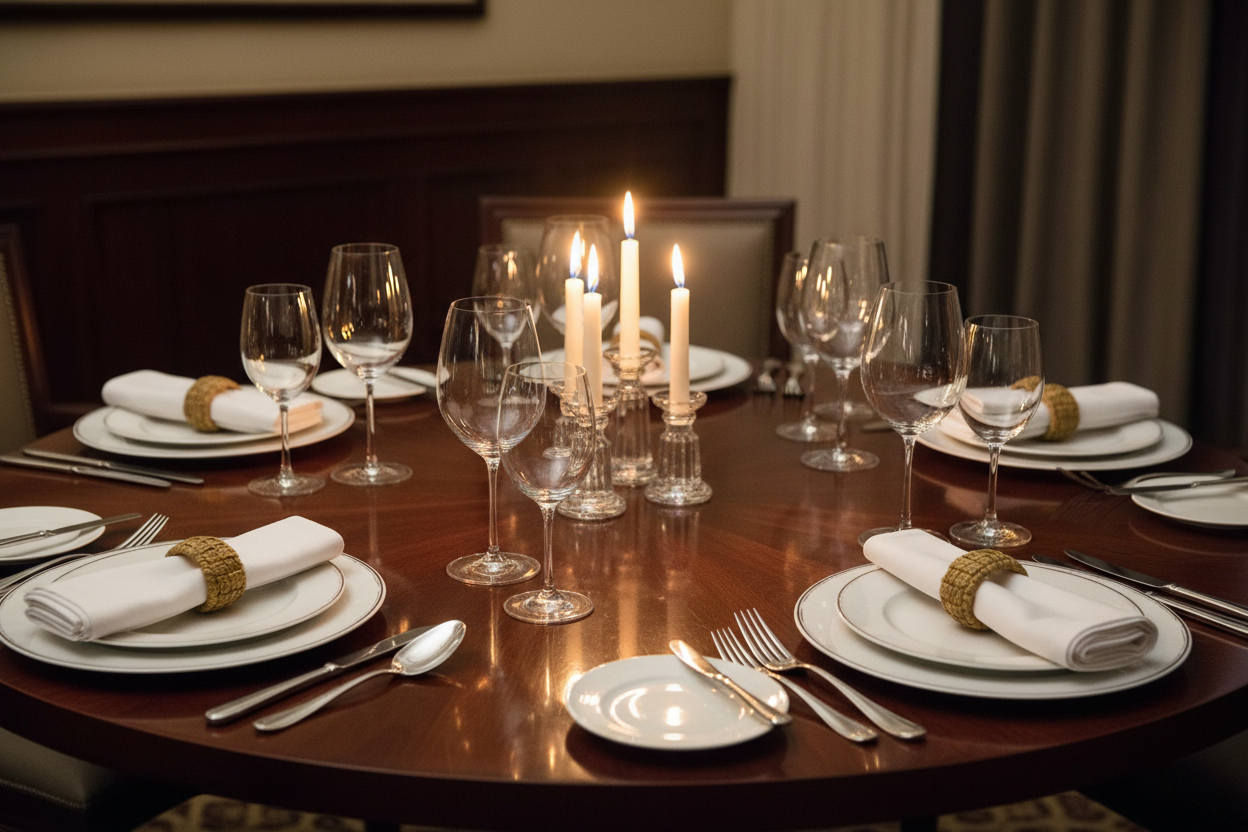 Four pandan napkin rings holding folded white linen napkins on a fine-dining table with candlelight and crystal glassware