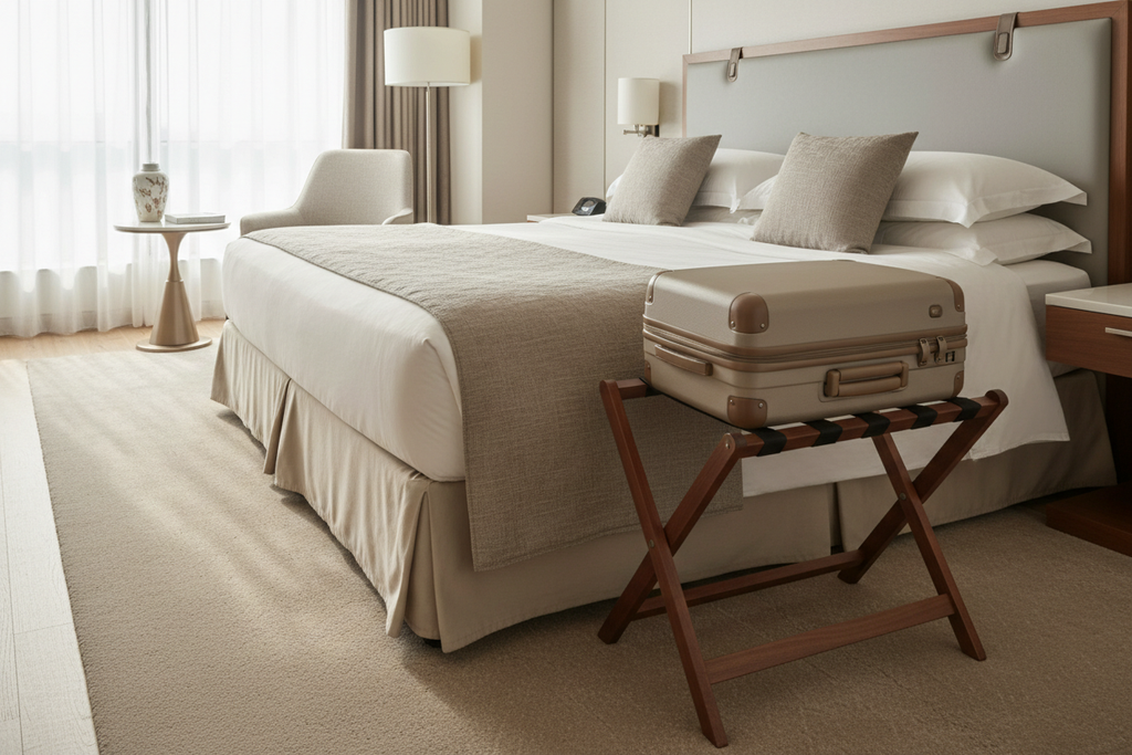 Folding wood frame luggage rack open beside hotel guestroom bed with designer suitcase on polyweave straps in warm afternoon light