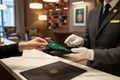 Concierge's gloved hand presenting a resin key fob on a lacquer tray to a hotel guest at a marble front desk