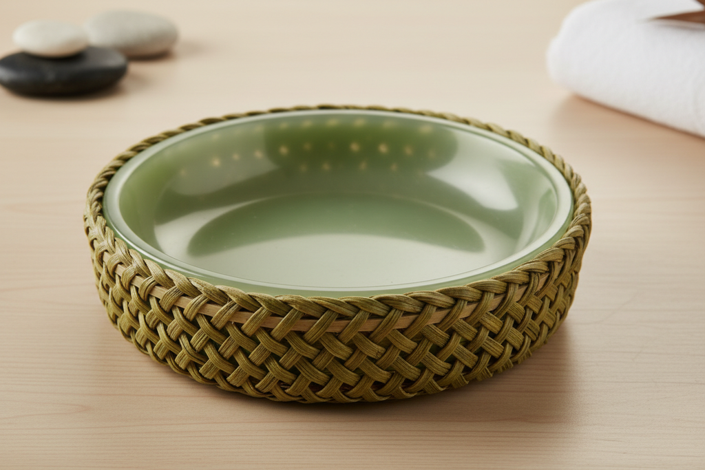 45 degree elevation view of pandan basket with resin insert visible inside, material contrast between woven fiber and smooth resin under studio side light