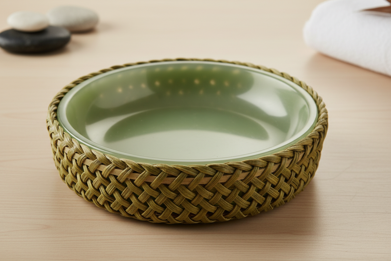 45 degree elevation view of pandan basket with resin insert visible inside, material contrast between woven fiber and smooth resin under studio side light