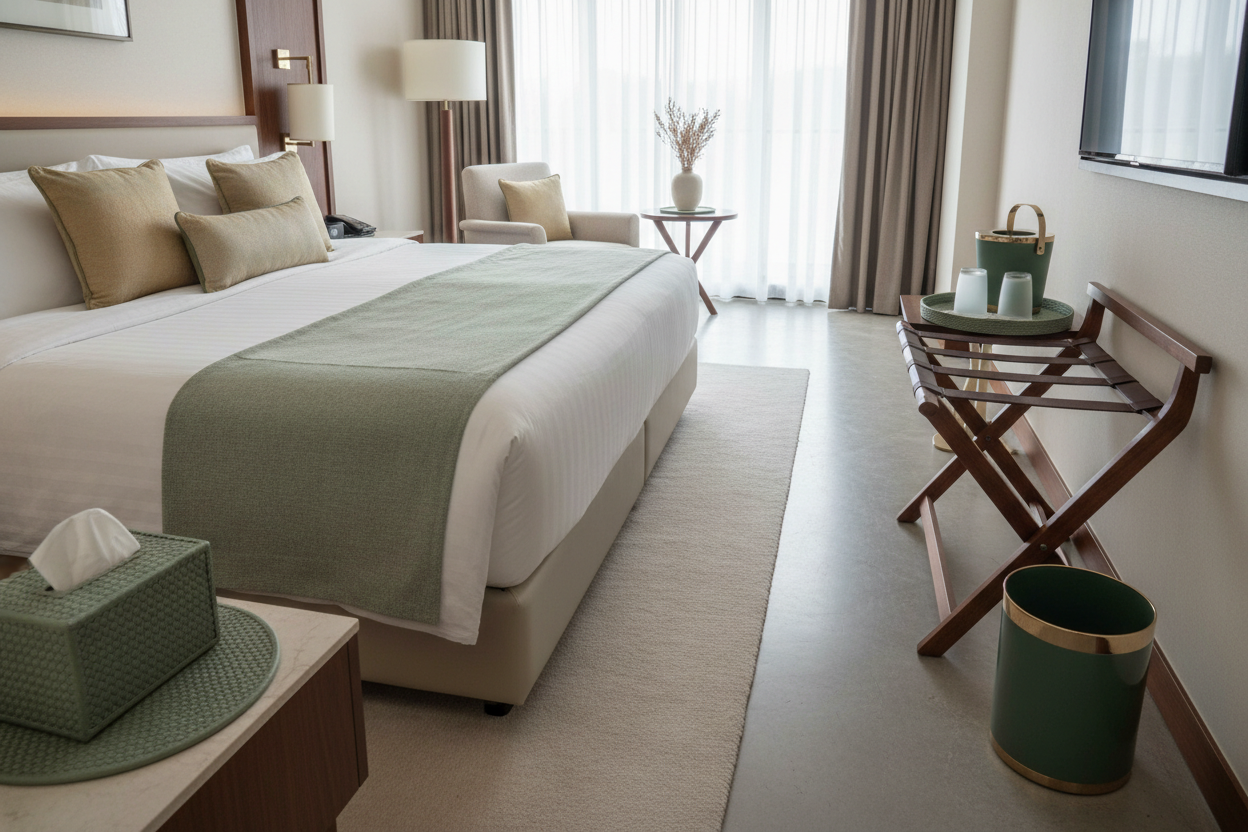Cohesive fully accessorized luxury hotel guestroom with matching pandan and resin accessories in unified custom colorway