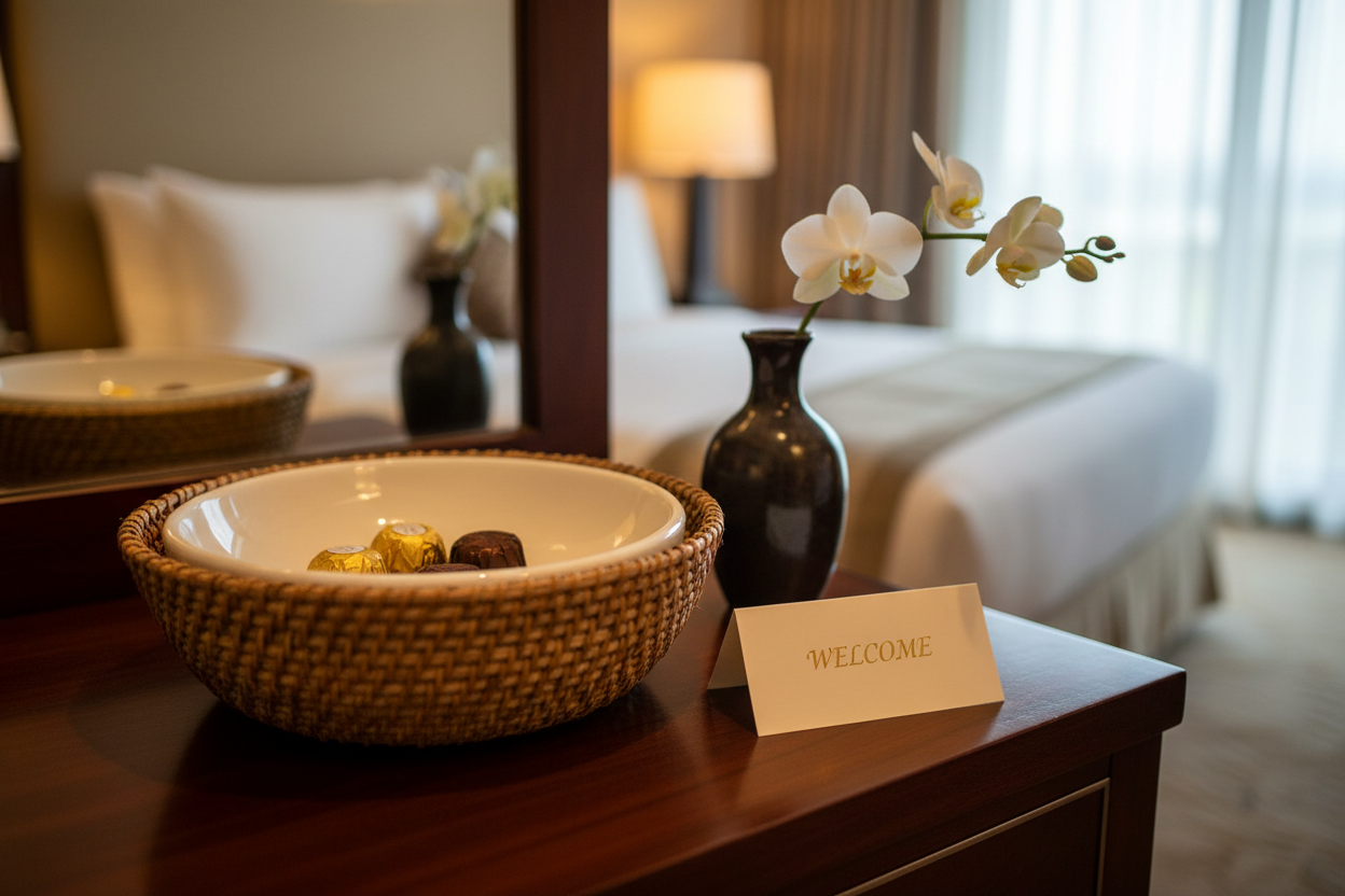 Pandan and resin amenity bowl on hotel credenza with wrapped chocolates and welcome card, orchid beside it in warm guestroom light