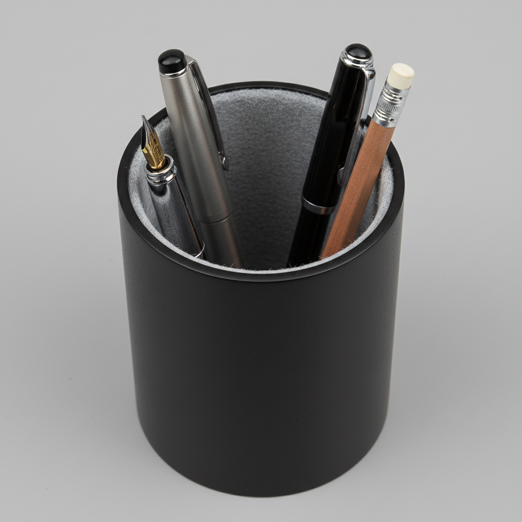 Directly overhead close-up of lacquer pen cup showing felt-lined interior and three pens with lacquer rim in sharp focus
